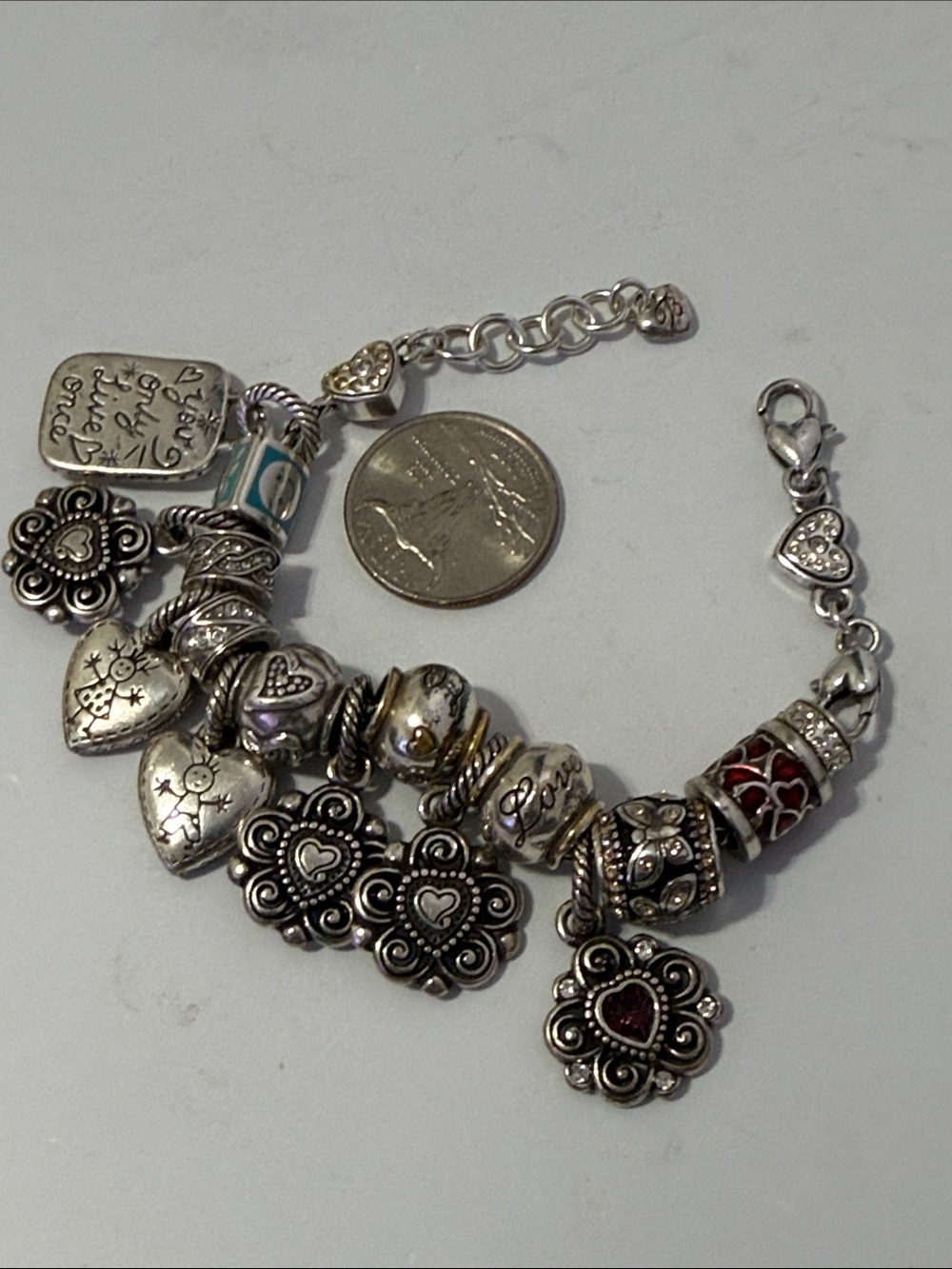 BRIGHTON Silver Heart Charm Bracelet with Multicolor Enamel Accents
